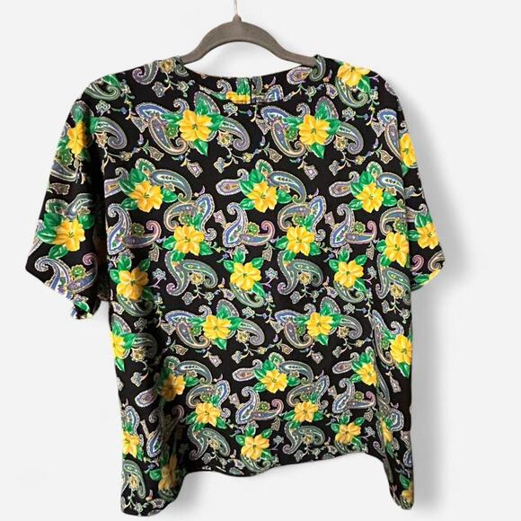 Vintage 80s smooth silky blouse paisley hibiscus short style - Picture 1 of 4